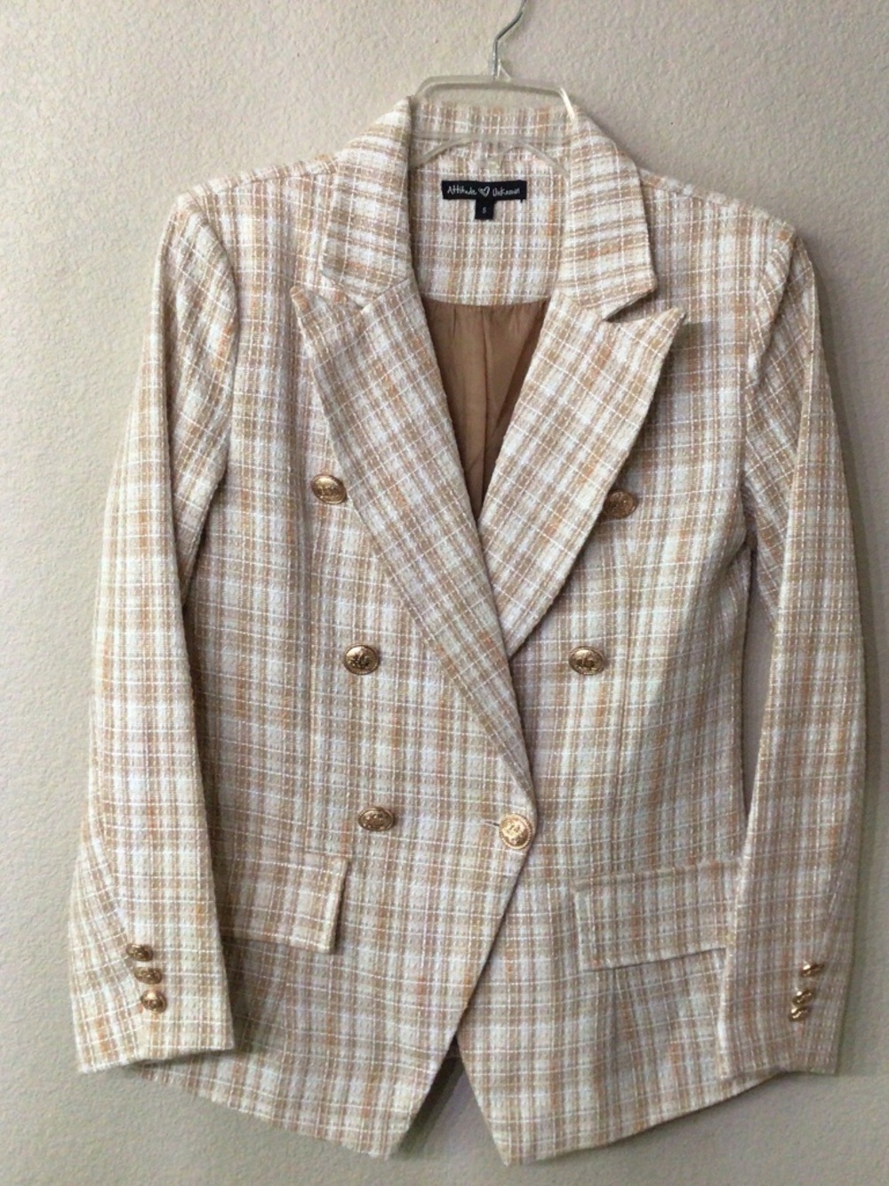 Attitude Unknown double breasted tweed blazer with gold buttons. Size S
